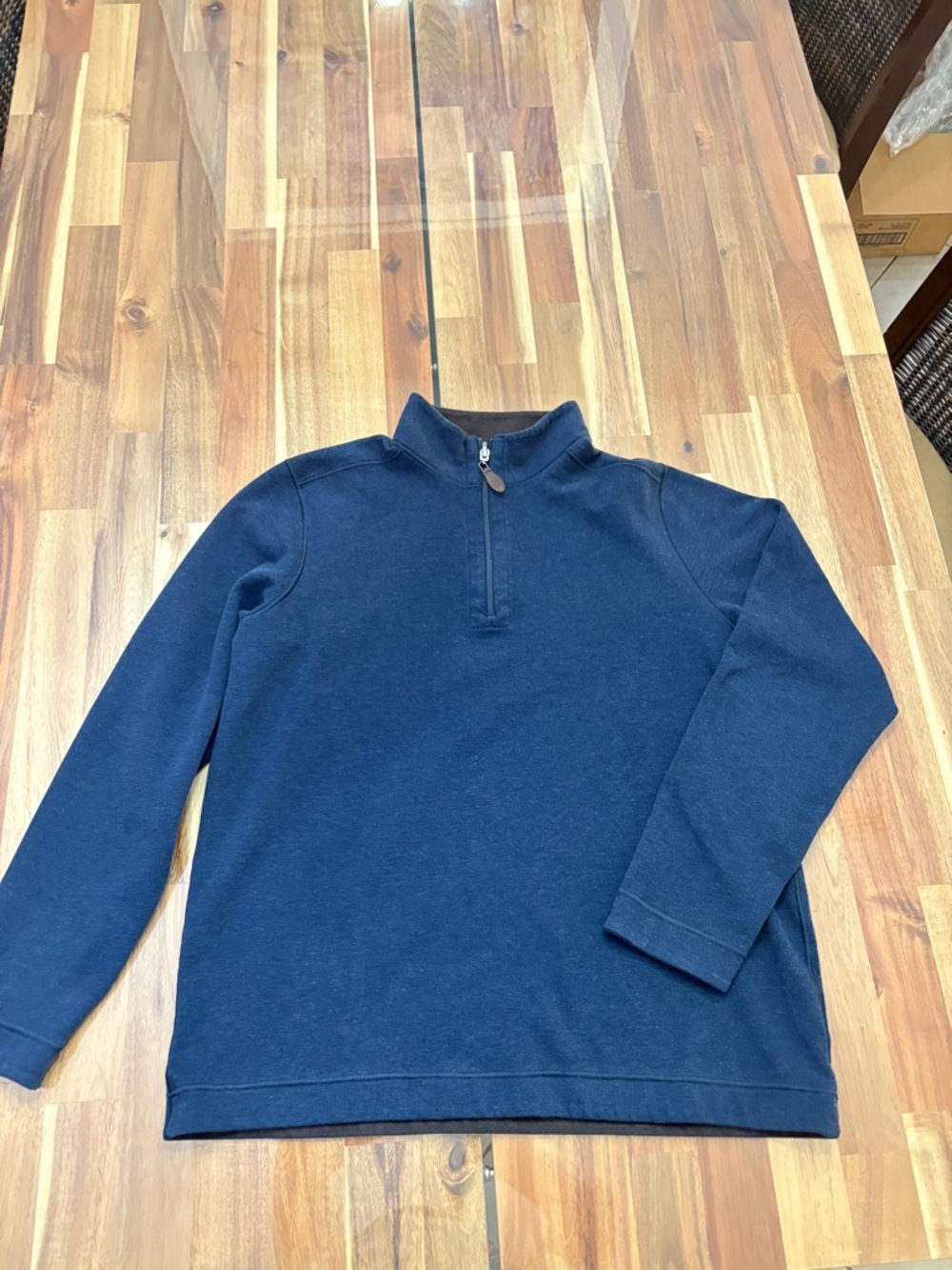 Men's M/L Navy Quarter-Zip Pull Over Sweater Brown Lining Mock Neck Collar Soft
